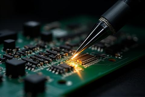 Workbench scene with a soldering iron, various PCBs, tiny electronic components, and specialized tools.