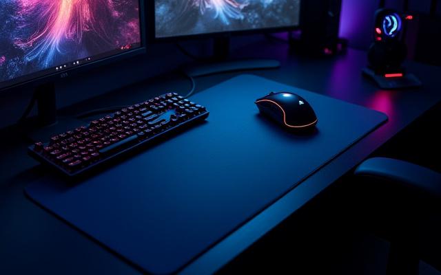 A gamer's desk setup featuring a compact 60% keyboard next to an oversized mouse pad, highlighting maximum mouse movement space.