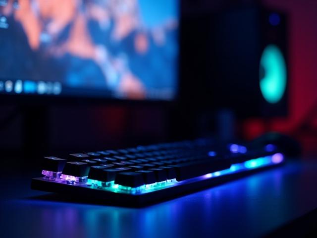 A gaming setup featuring a custom mechanical keyboard with RGB lighting and matching keycaps, in a dark room.