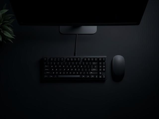 A minimalist desk setup with a compact 65% mechanical keyboard and a single monitor, highlighting clean aesthetics.