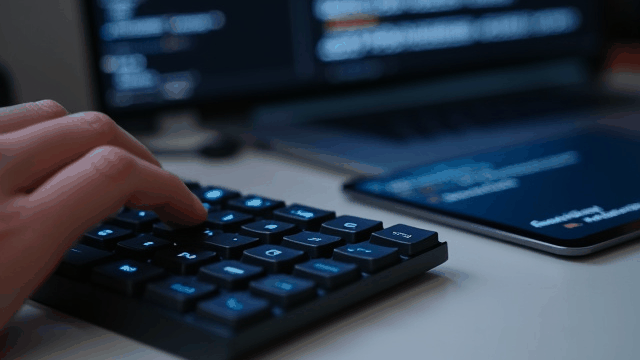 Animated GIF showing a hand pressing a key on a wireless mechanical keyboard, and the screen input immediately switching from a laptop to a tablet.